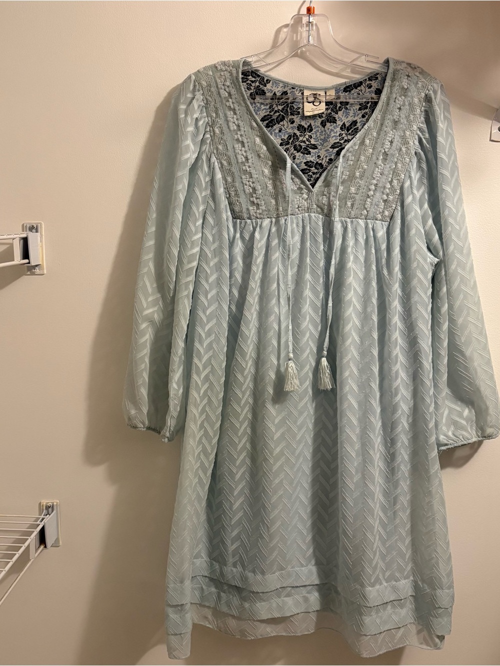 Anthropologie Whimsical Cottagecore Light Blue Babydoll Dress Embroidered Boho L